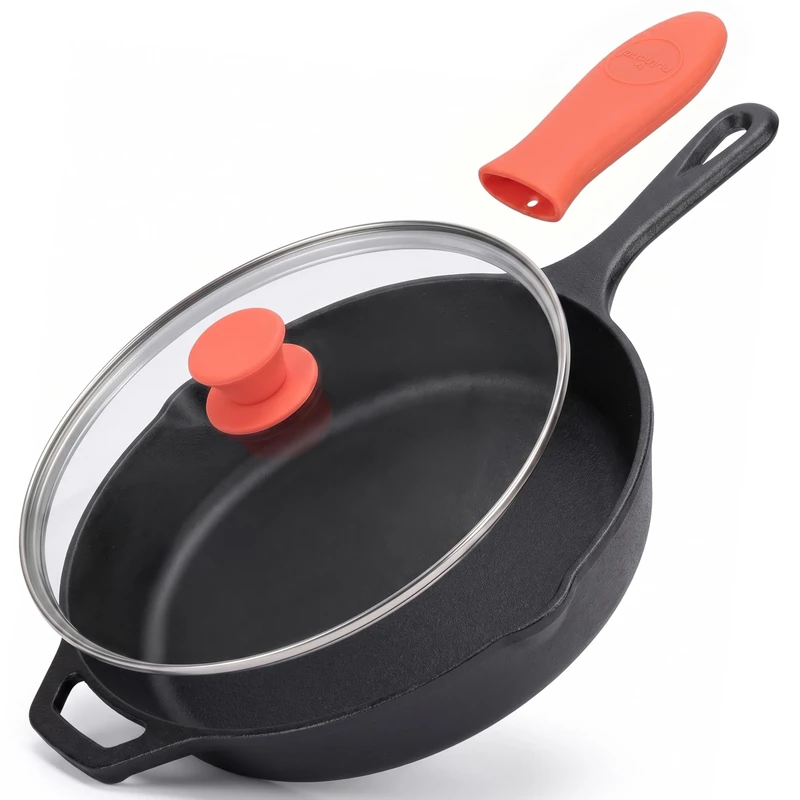 NutriChef Cast Iron Skillet Pan w/ Lid, Pre Seasoned Cast Iron Pan, Cast Iron Frying Pans Nonstick, Oven Safe Cookware w/ Silicone Handle, Drip Spout, Indoor/Outdoor Use, For Induction & All Cooktops