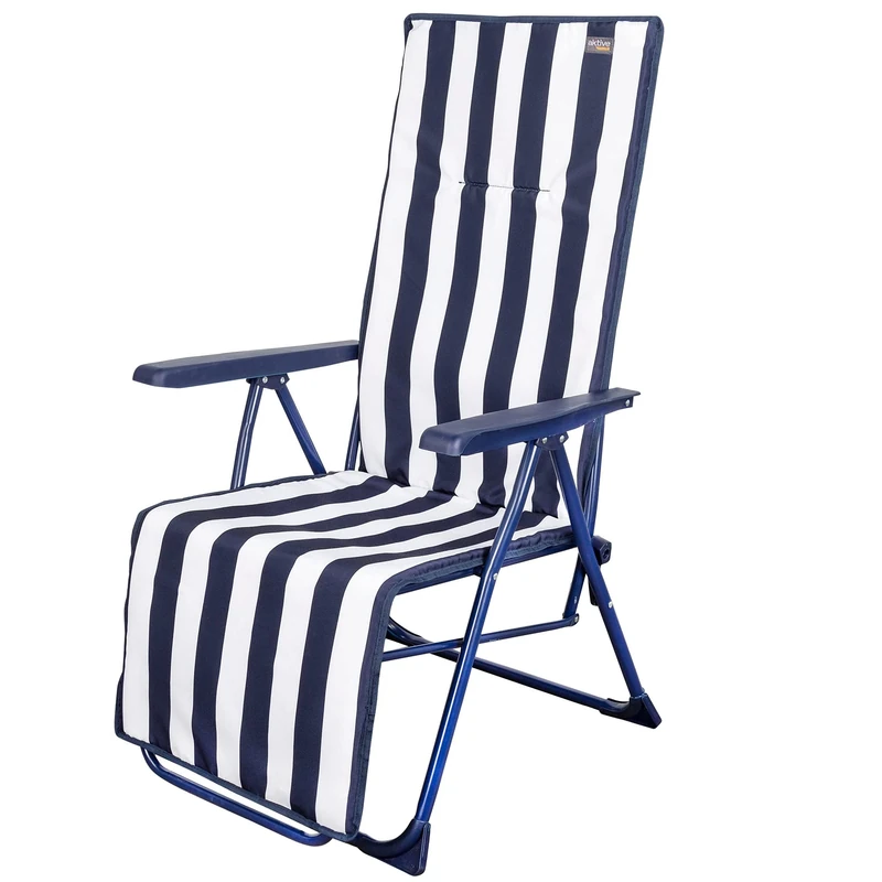 AKTIVE Graden Folding Garden Sun Lounger, Reclining Sun Lounger, 5 Positions, 147 x 48 x 70 cm, Anti-Tilt Feet, Navy Blue and White, Maximum Weight 100 kg, Graden