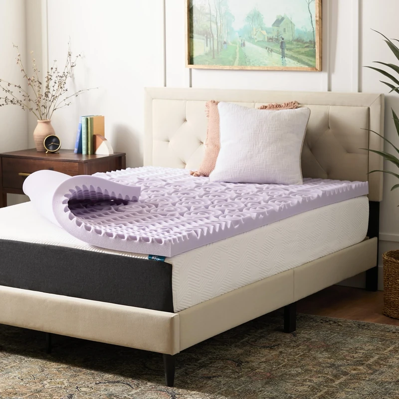 LUCID 5 Memory Foam Plush-Calming Targeted Convoluted Comfort Zones Mattress Topper, Queen, Lavender - 3 Inch
