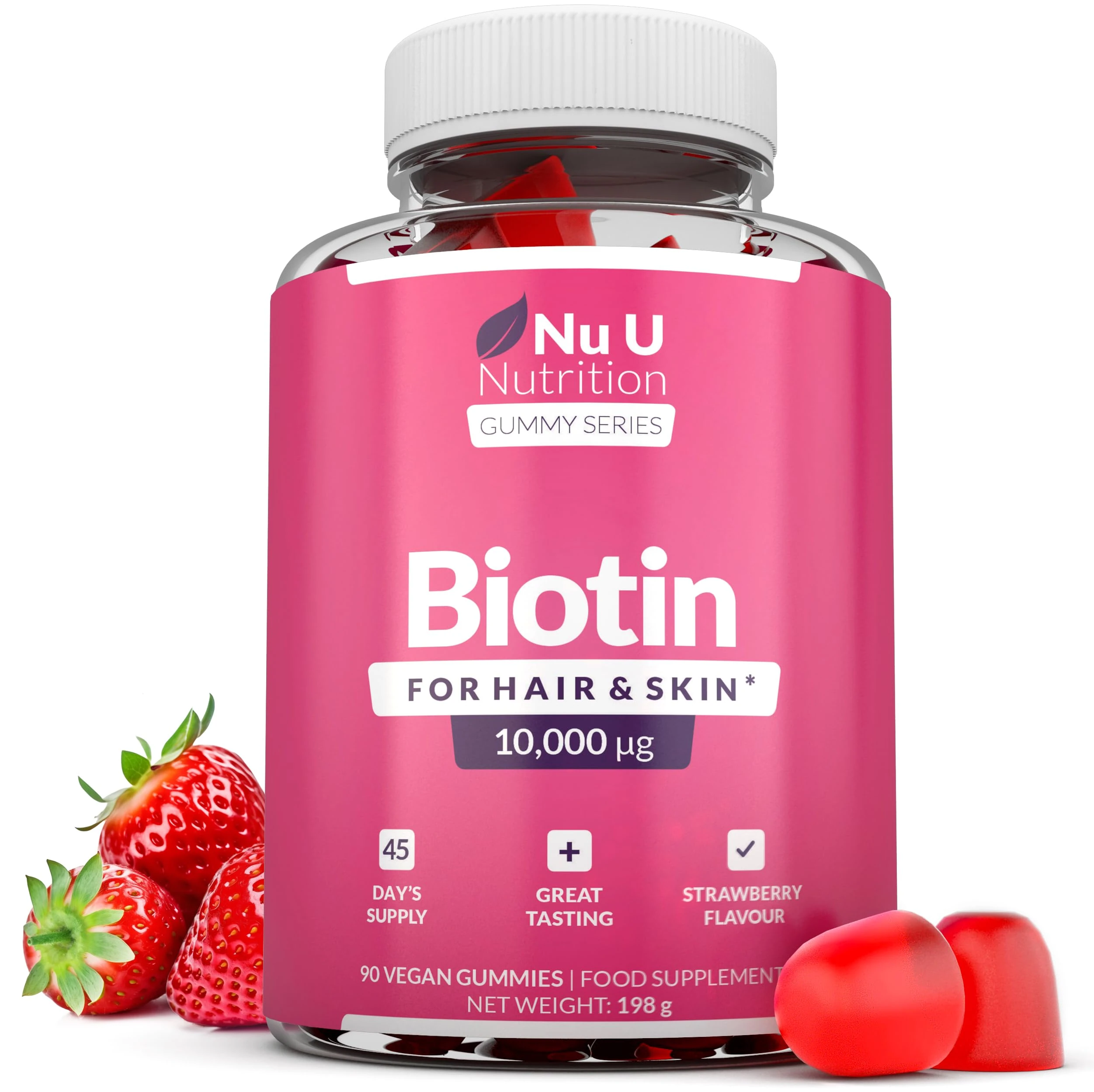 Biotin Hair Gummies 10,000mcg - 90 Vegan Gummies - Delicious Strawberry Flavour - Chewable Vitamin B7 Hair Vitamins - Gelatine Free - Made in The UK - Nu U Nutrition