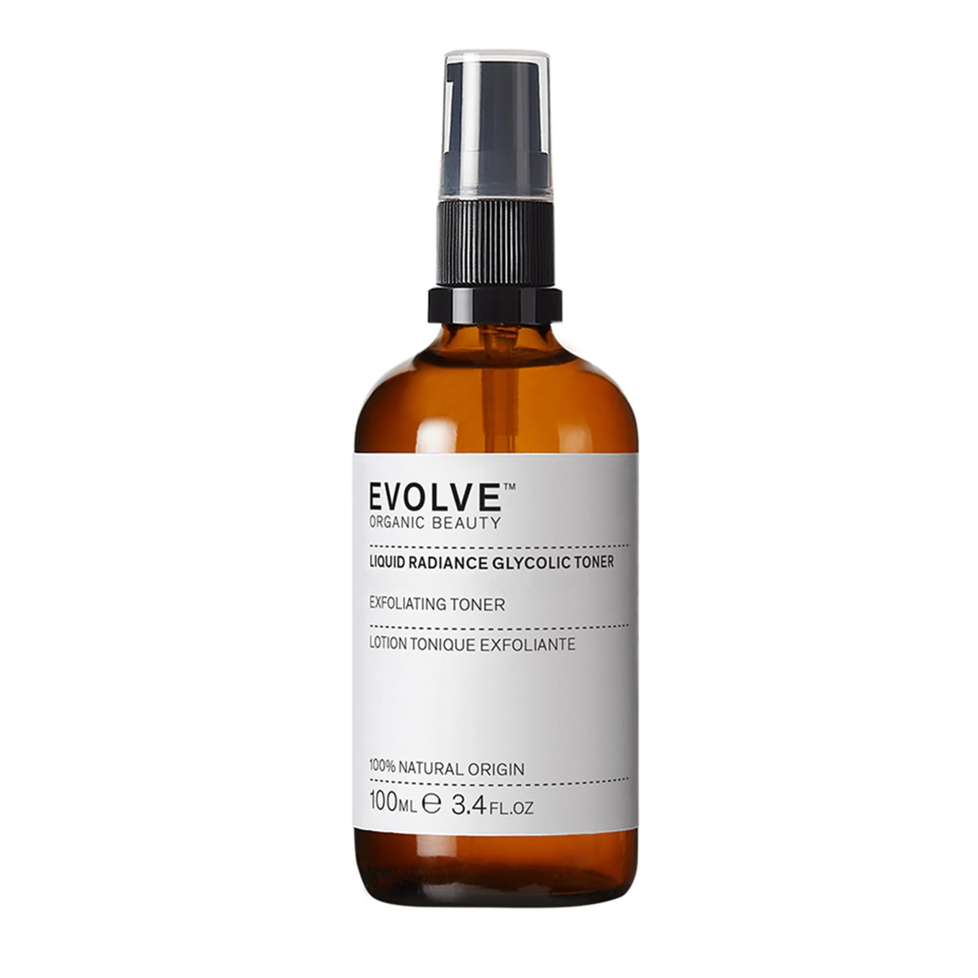 Evolve Organic Beauty - Natural Liquid Radiance Glycolic Toner with AHAs from fruit, Willow Bark, Galactoarabinan | Certified Natural Vegan Clean Beauty (3.4 fl oz | 100 mL) For Normal to dry skin