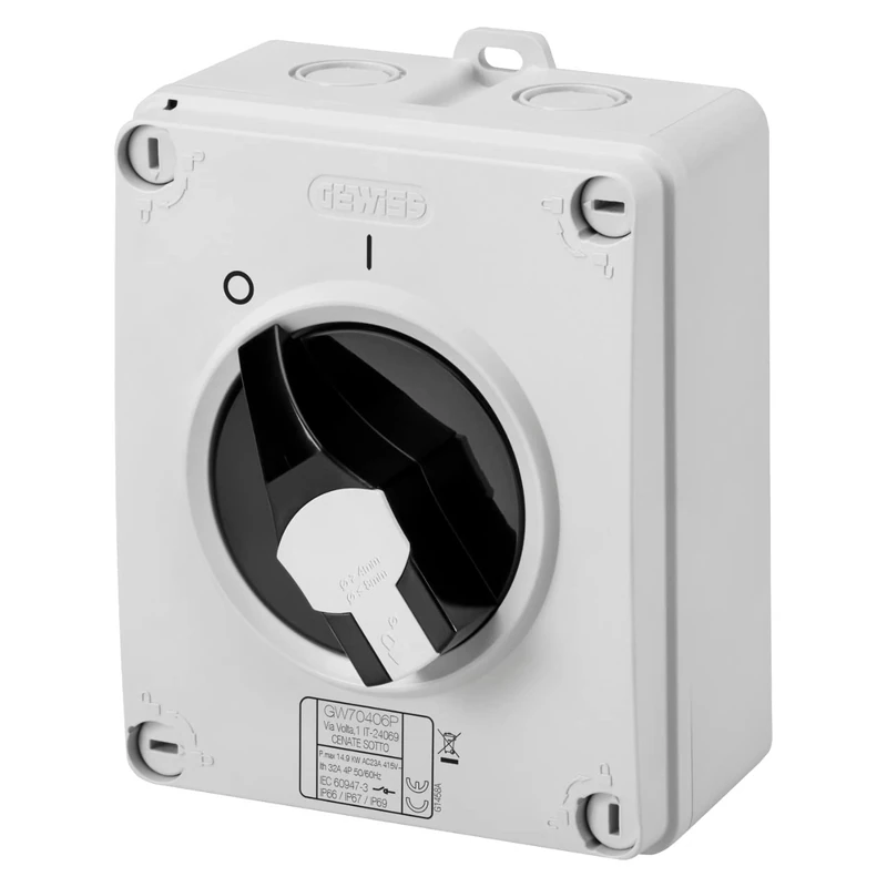 Gewiss Rotary Disconnector, Hp, Control, Insulating Box, 32A 4P, Black Lockable Knob, IP66/67/69