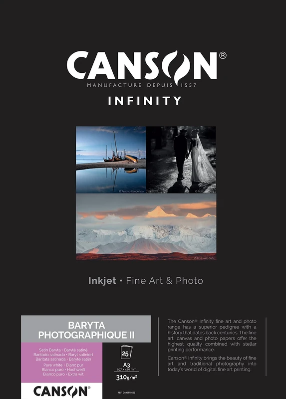 CANSON Infinity Baryta Photographique II Digital Darkroom 310gsm A3 Paper, Satin Baryta, 25 Pure White Sheets, Ideal for Professional Photographers