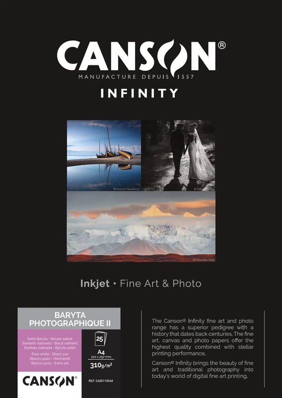 CANSON Infinity Baryta Photographique II Digital Darkroom 310gsm A4 Paper, Satin Baryta, 25 Pure White Sheets, Ideal for Professional Photographers