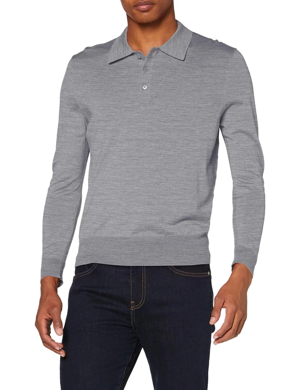 FALKE 60127 Men's Long-Sleeved Polo Shirt, Light Grey, S