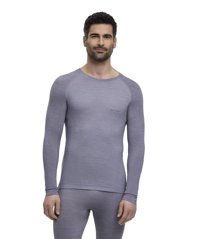 FALKE Men's Wool-Tech Light Round Neck M L/s Sh Functional Yarn Quick Dry 1 Piece Base Layer Top, Grey Grey-Heather 3757, M