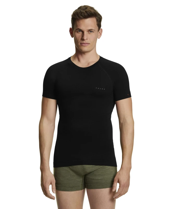 FALKE Men's Wool-Tech Light Round Neck M S/s Ts Functional Yarn Quick Dry 1 Piece Base Layer Top, Black 3000, M