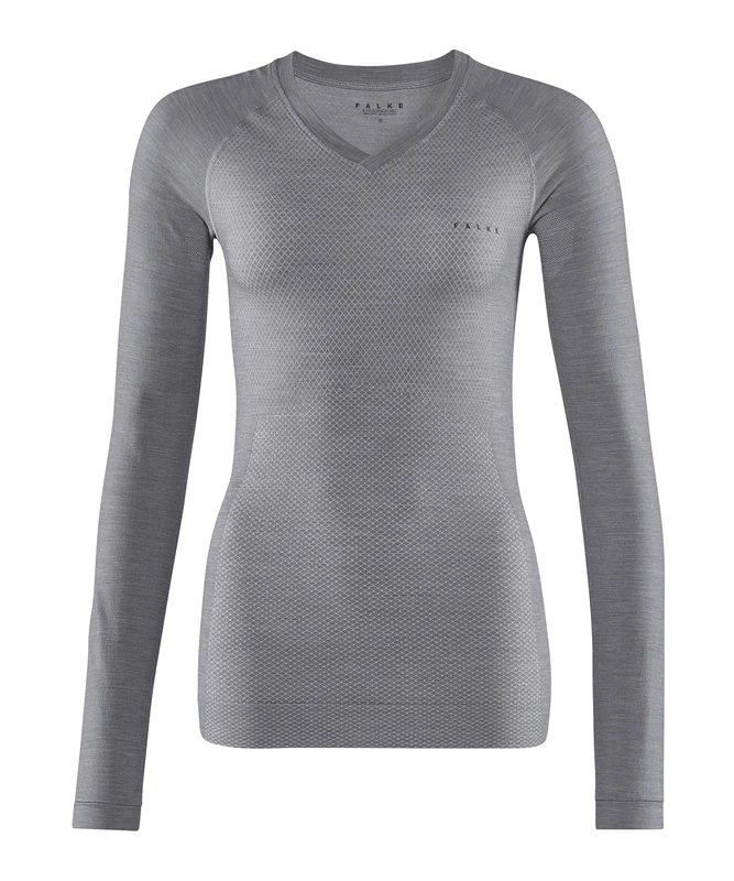 FALKE Women's Wool-Tech Light V Neck W L/s Sh Functional Yarn Quick Dry 1 Piece Base Layer Top, Grey Grey-Heather 3757, XS