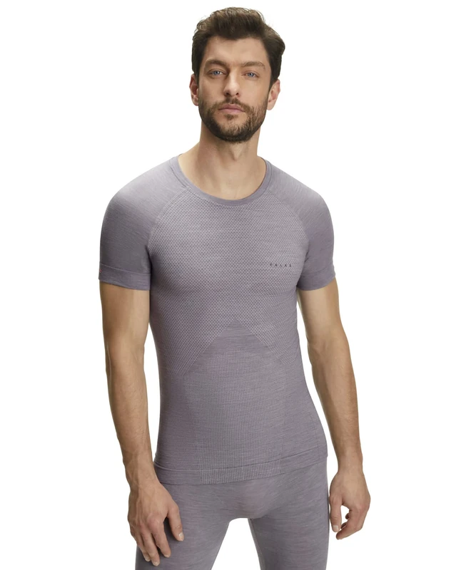 FALKE Men's Wool-Tech Light Round Neck M S/s Ts Functional Yarn Quick Dry 1 Piece Base Layer Top, Grey Grey-Heather 3757, L