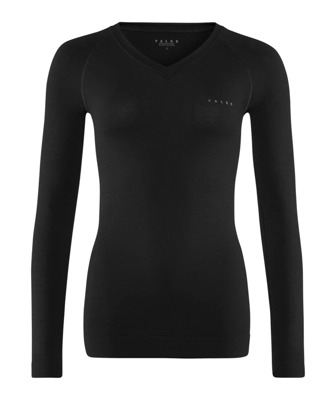FALKE Women's Wool-Tech Light V Neck W L/s Sh Functional Yarn Quick Dry 1 Piece Base Layer Top, Black 3000, S