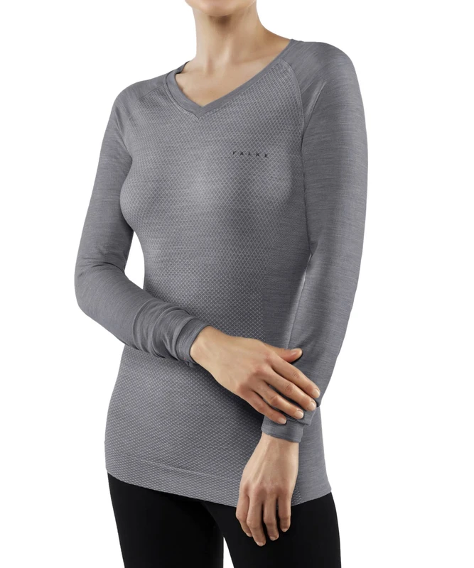 FALKE Women's Wool-Tech Light V Neck W L/s Sh Functional Yarn Quick Dry 1 Piece Base Layer Top, Grey Grey-Heather 3757, S