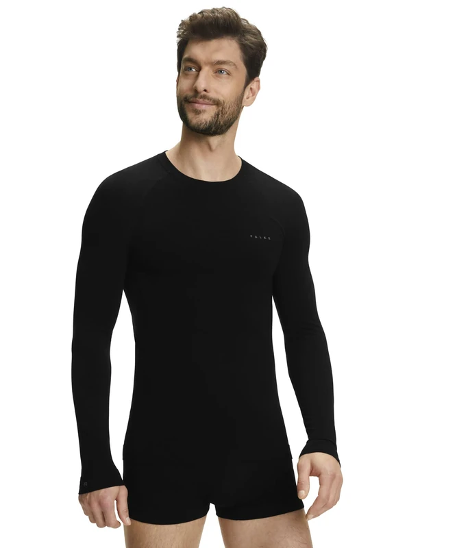 FALKE Men's Wool-Tech Light Round Neck M L/s Sh Functional Yarn Quick Dry 1 Piece Base Layer Top, Black 3000, M