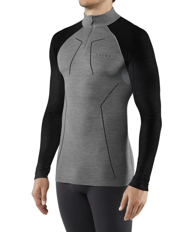 FALKE Men's Wool-Tech Base Layer Top, Wool, Grey (Black Grey Melange 3118), S (1 Piece)