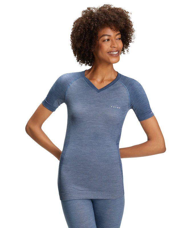 FALKE Women's Wool-Tech Light V Neck W S/s Ts Functional Yarn Quick Dry 1 Piece Base Layer Top, Blue Capitain 6751, XS