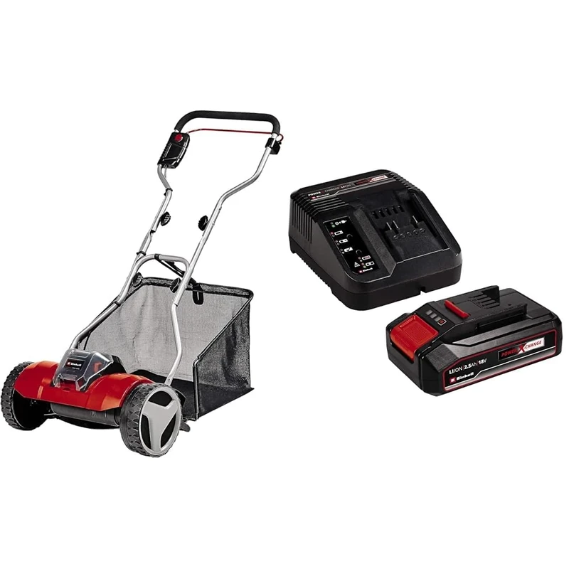 Einhell Power X-Change Walk-Behind Cylinder Lawnmower - 18V, 38cm Cutting Width, 45L & Power X-Change 18V, 2.5Ah Lithium-Ion Battery Starter Kit - Battery and Charger Set