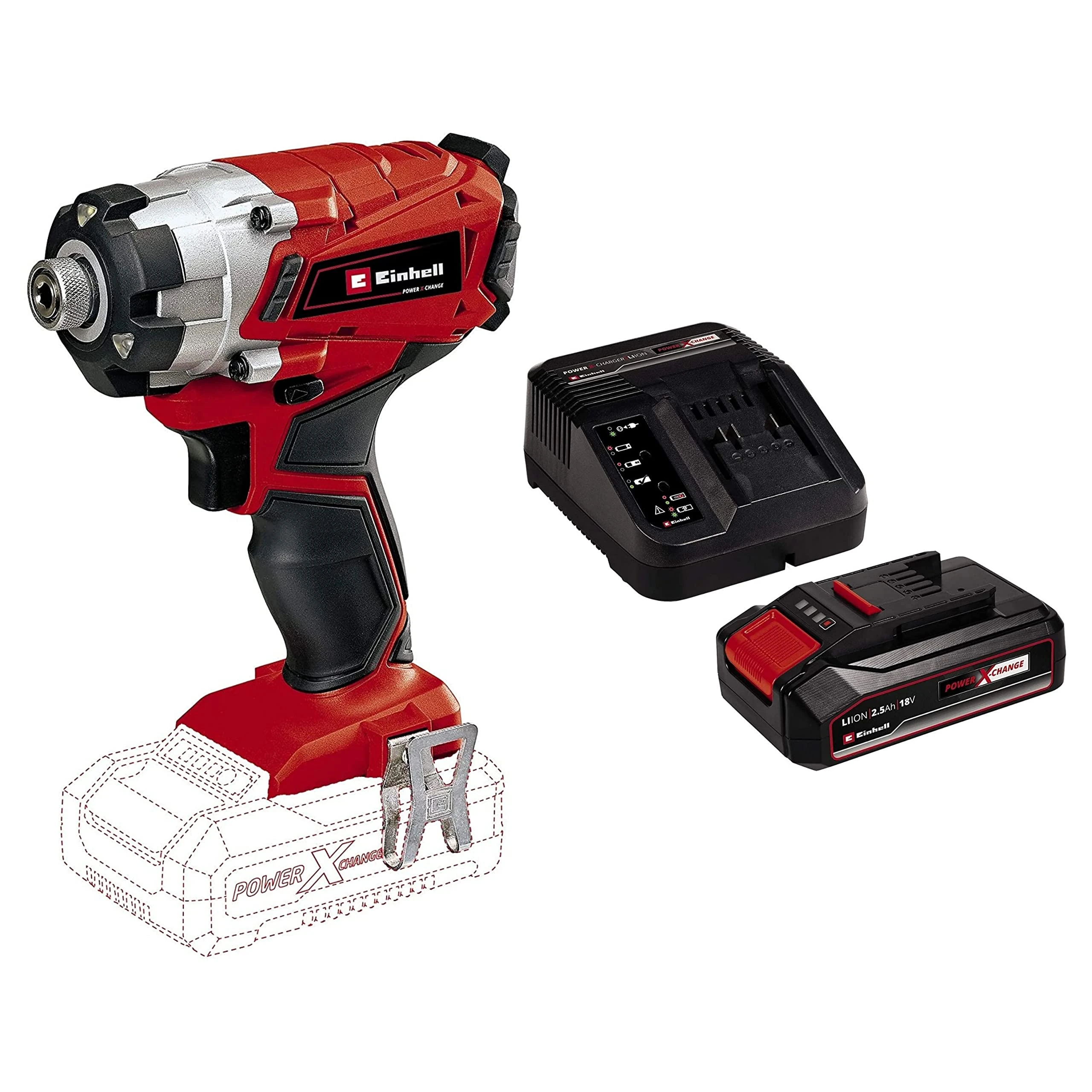 Einhell Power X-Change 140Nm Cordless Impact Driver With Battery And Charger - 18V, 2300 RPM, 1/4" Hex Bit Mount, LED Light - TE-CI 18/1 Li Battery Powered Impact Drill Set