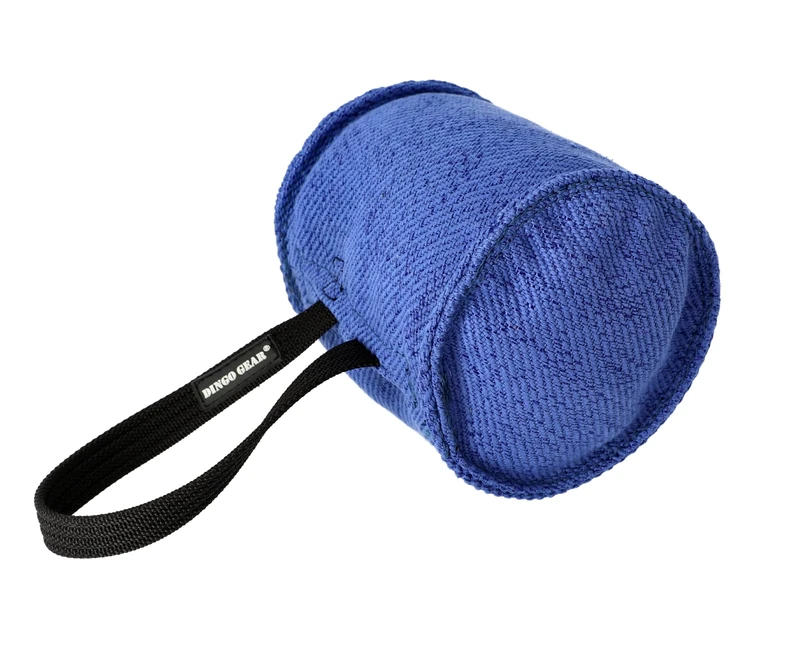 DINGO GEAR Berta Tug Toy in a Barrel Shape for Bite Training, K9, IGP, Fetch, Obedience, Dog Sports, Hand Sewn Strong Stitching French Material Bite Tug 1 Handle, Blue (S00095)