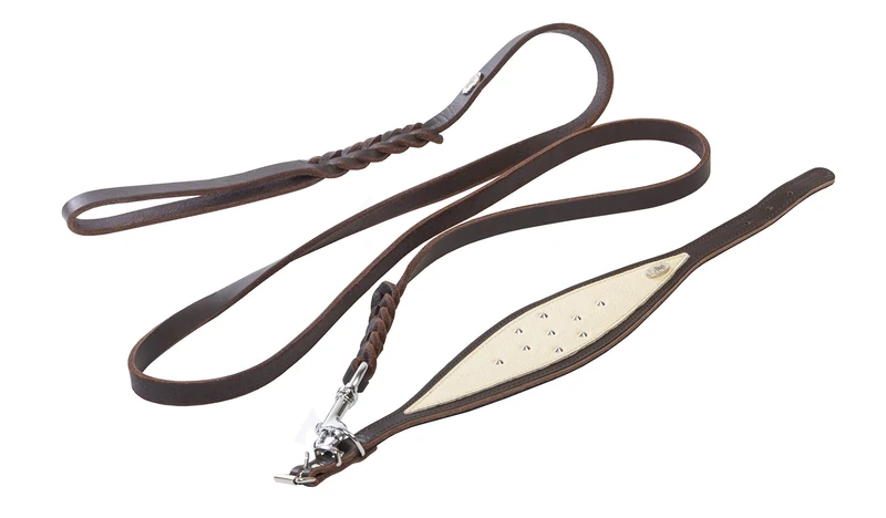 Dingo Waldemar Rutkowski Soft Leather L Set: Dog Collar + Braided Leash S10030, brown