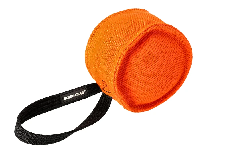DINGO GEAR Berta Tug Toy in a Drum Shape for Bite Training, K9, IGP, Fetch, Obedience, Dog Sports, Hand Sewn Strong Stitching French Material Bite Tug 1 Handle, Orange (S00094)