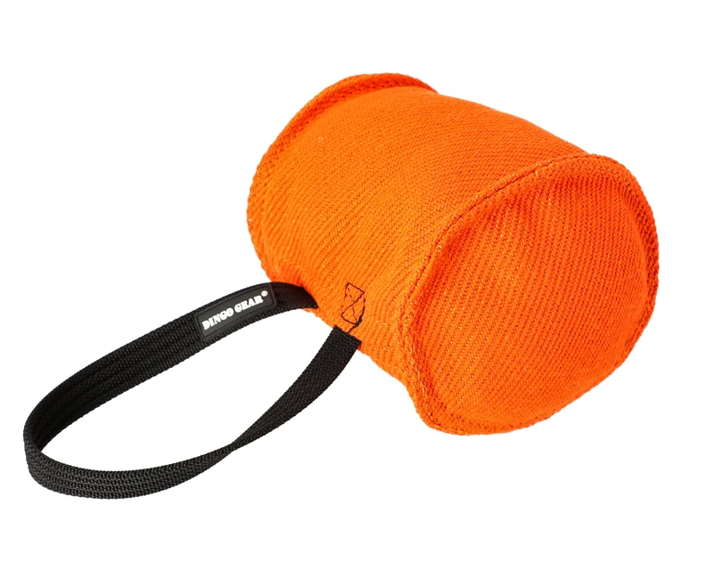 DINGO GEAR Berta Tug Toy in a Barrel Shape for Bite Training, K9, IGP, Fetch, Obedience, Dog Sports, Hand Sewn Strong Stitching French Material Bite Tug 1 Handle, Orange (S00096)