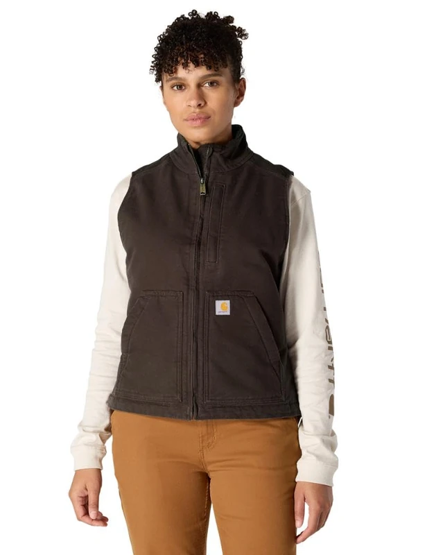 Carhartt, Women's, Relaxed Fit Washed Duck Sherpa Lined Mock Neck Vest, Dark Brown, L