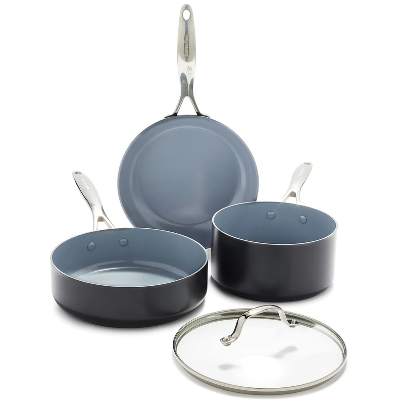 GreenPan Valencia Pro Hard Anodised Healthy Ceramic Non-Stick 4-Piece Cookware Pots and Pans Set, Includes Frying Pans, Sauté Pan, Saucepan, Lid, PFAS-Free, Induction, Oven Safe, Grey
