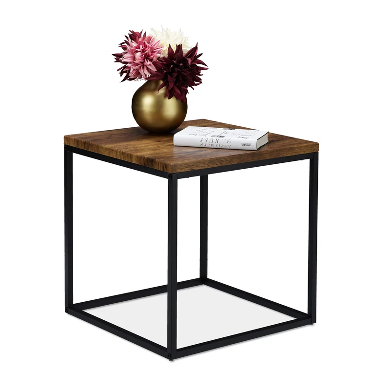Relaxdays Side Table, H x W x D: approx. 45 x 45 x 45 cm, Industrial Style, Metal, Black/Brown