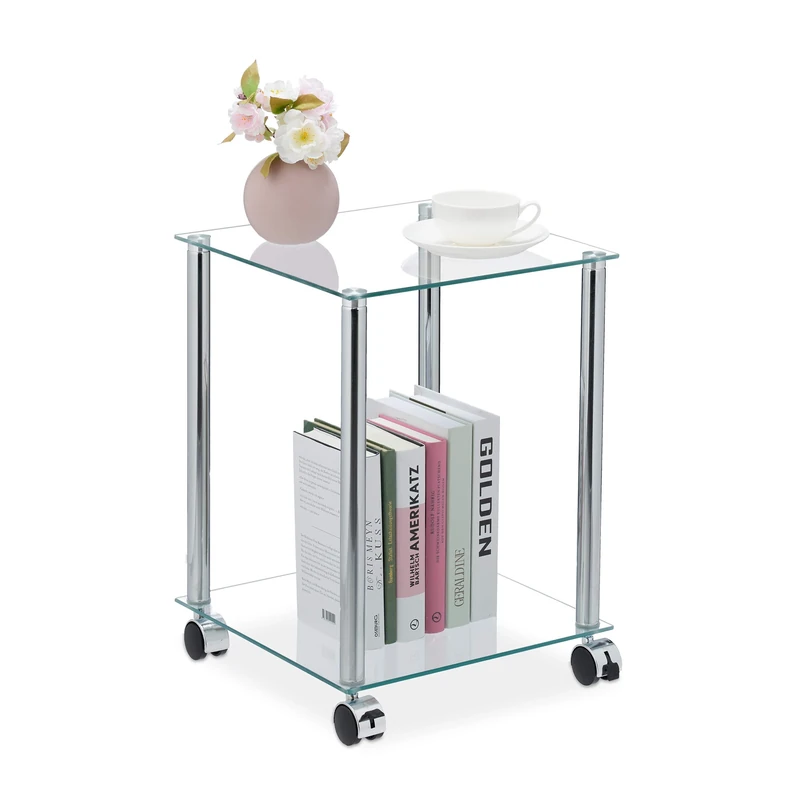 Relaxdays Side Table, Two Shelves, H x W x D: Approx. 46 x 34 x 34 cm, Glass and Steel, Transparent/Silver