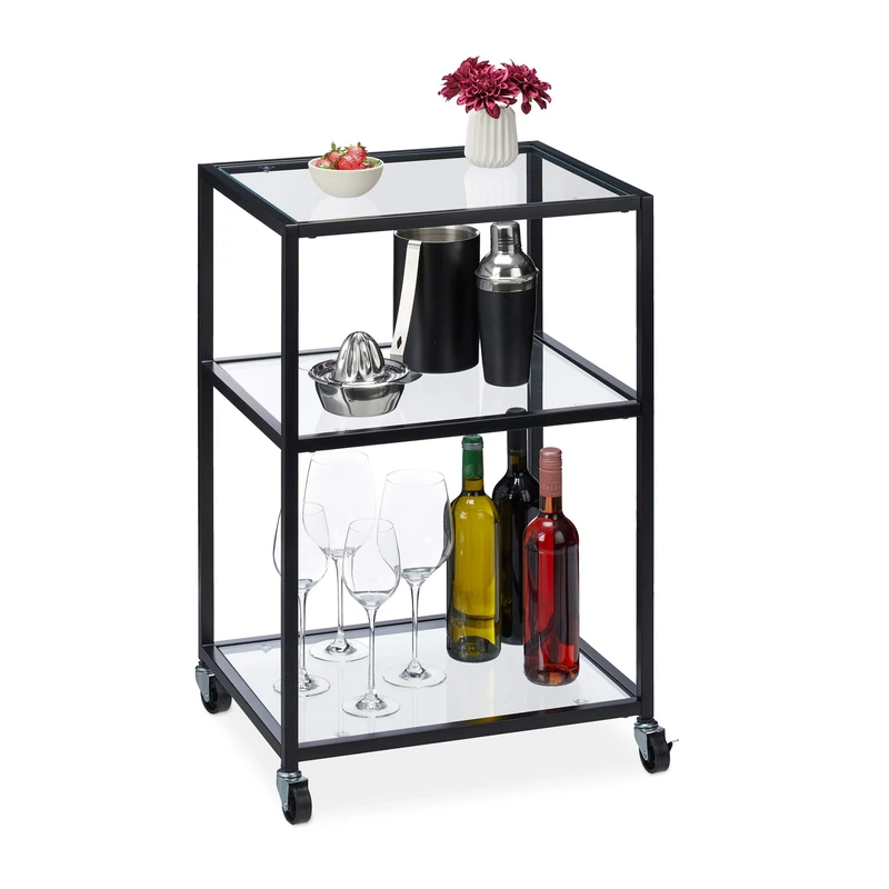 Relaxdays Serving Trolley, 3 Levels, Modern Trolley for Kitchen, Bar, Living Room, Glass & Steel, HBD 76 x 50 x 40 cm, Black