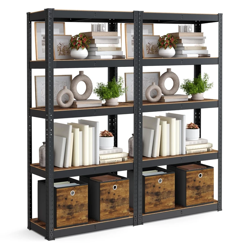 SONGMICS Set of 2 Shelving Units, 30 x 75 x 150 cm, 650 kg Load Capacity (130 kg per Shelf), Industrial, Adjustable Storage Shelves, for Living Room, Kitchen, Garage, Rustic Brown and Black GLR030B02
