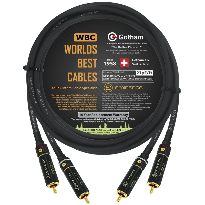 WORLDS BEST CABLES 3 Meter RCA Cable Pair - Gotham GAC-1 Ultra Pro - Low-Cap (21pF/ft) Audio Interconnect Cable with Eminence Gold Locking RCA Connectors