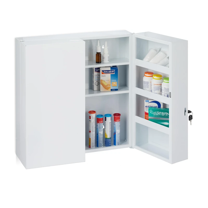 Relaxdays XXL Medicine Cabinet, 2 Doors, Steel, Lockable, 11 Compartments, 53 x 52.5 x 19.5 cm, Wall Mounted, White