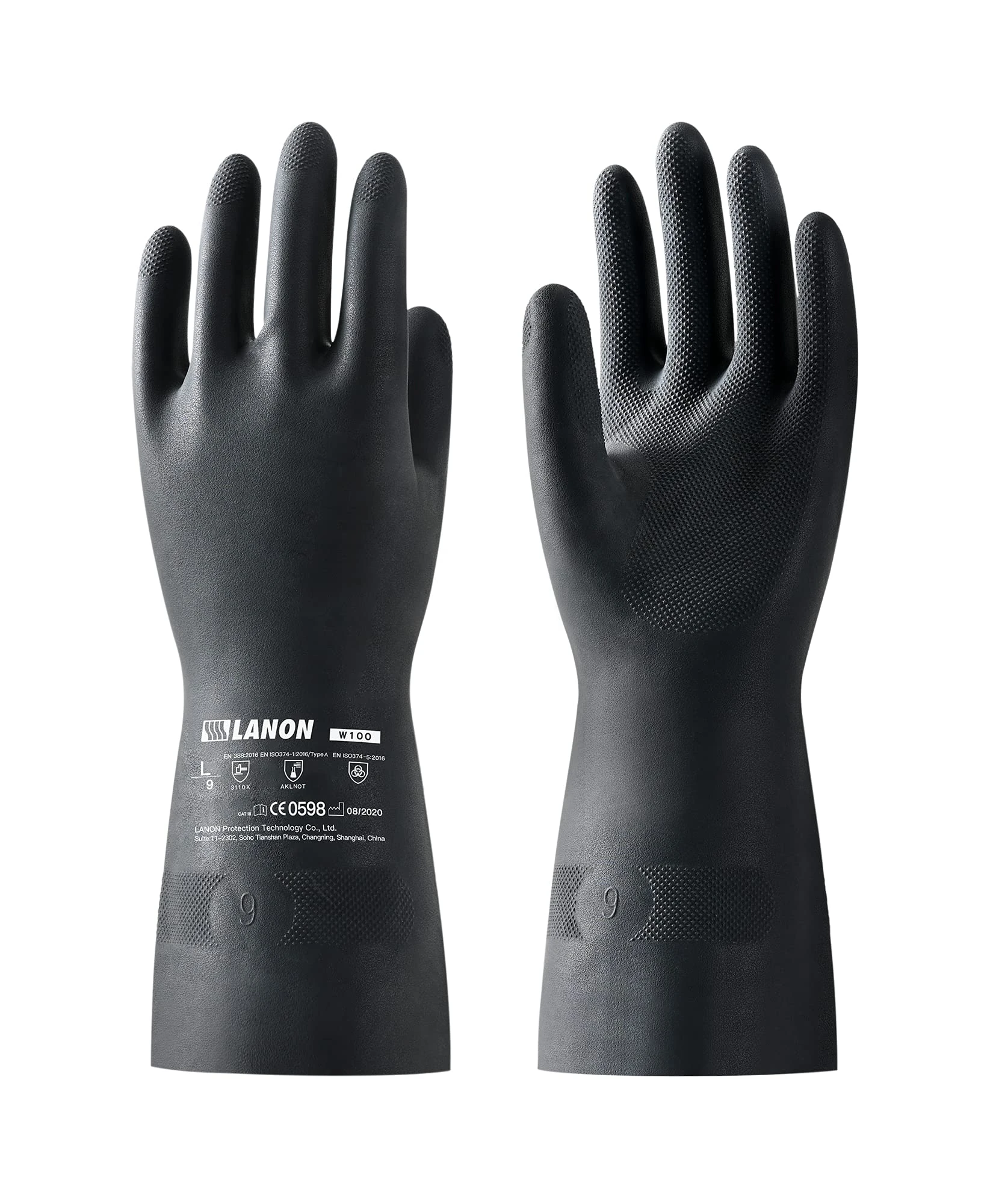 LANON Rubber Chemical Resistant Gloves, Reusable Heavy-duty Safety Work Gloves, Acid & Alkali Protection, Non-Slip, Large
