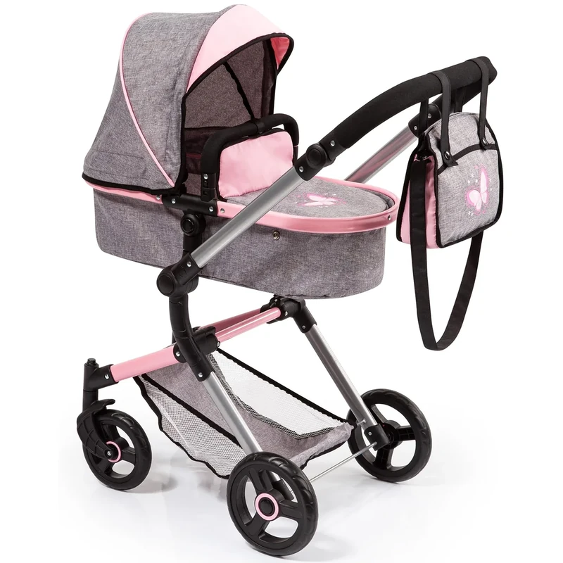 Bayer Design 18433AA Dolls Pram NEO Vario stroller, bag, convertible, foldable, adjustable handle, Grey Jeans-look, Pink, Butterfly