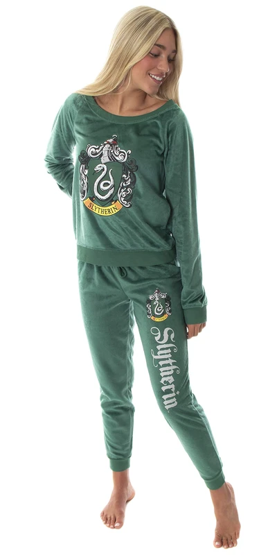 Harry Potter Juniors' Hogwart Castle House Slytherin Crest Fleece Jogger Pajama Set (2XL)