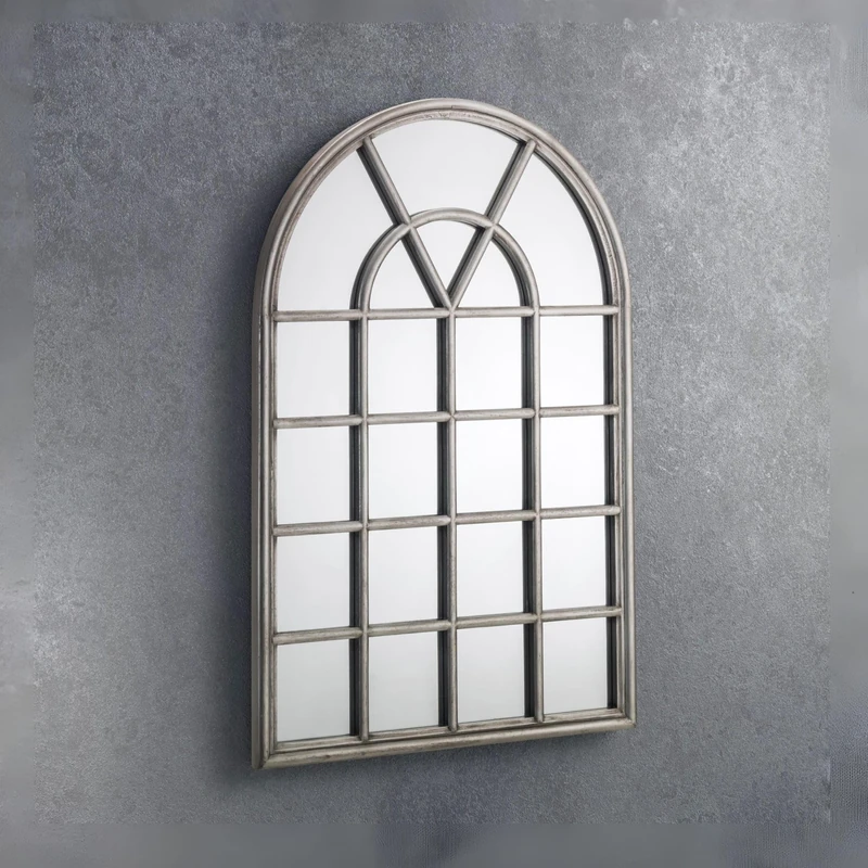 Julian Bowen Arched Wall Mirror - Vintage Glass Window Mirror with Grey Wooden Frame, 60cm x 90cm (23.6" x 35.4"), for Livingroom, Bathroom and Hallway Decoration - Pewter