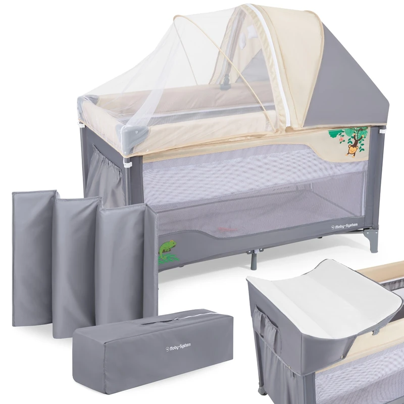Moby-System Baby Travel Cot with Changing Table, Canopy and Mosquito Net 0-36 m, HUXLEY Folding Cot Playpen with Transport Bag Included, Two Levels, Grey