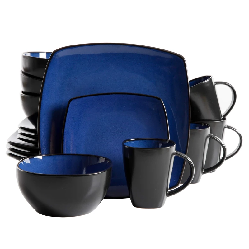 Gibson Soho Lounge 127333.16R Square Reactive Glaze Stoneware Dinnerware Set, Sapphire