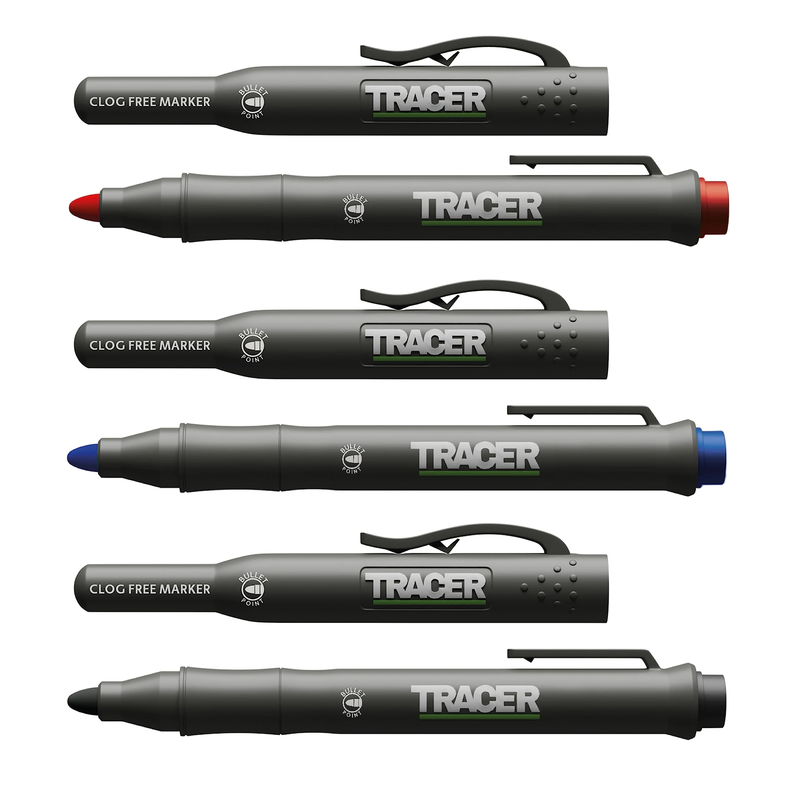 Tracer Clog-Free Construction Marker Kit Site Holster (All-Purpose Markers perfect for shiny and dusty surfaces.) - Black, Blue, and Red
