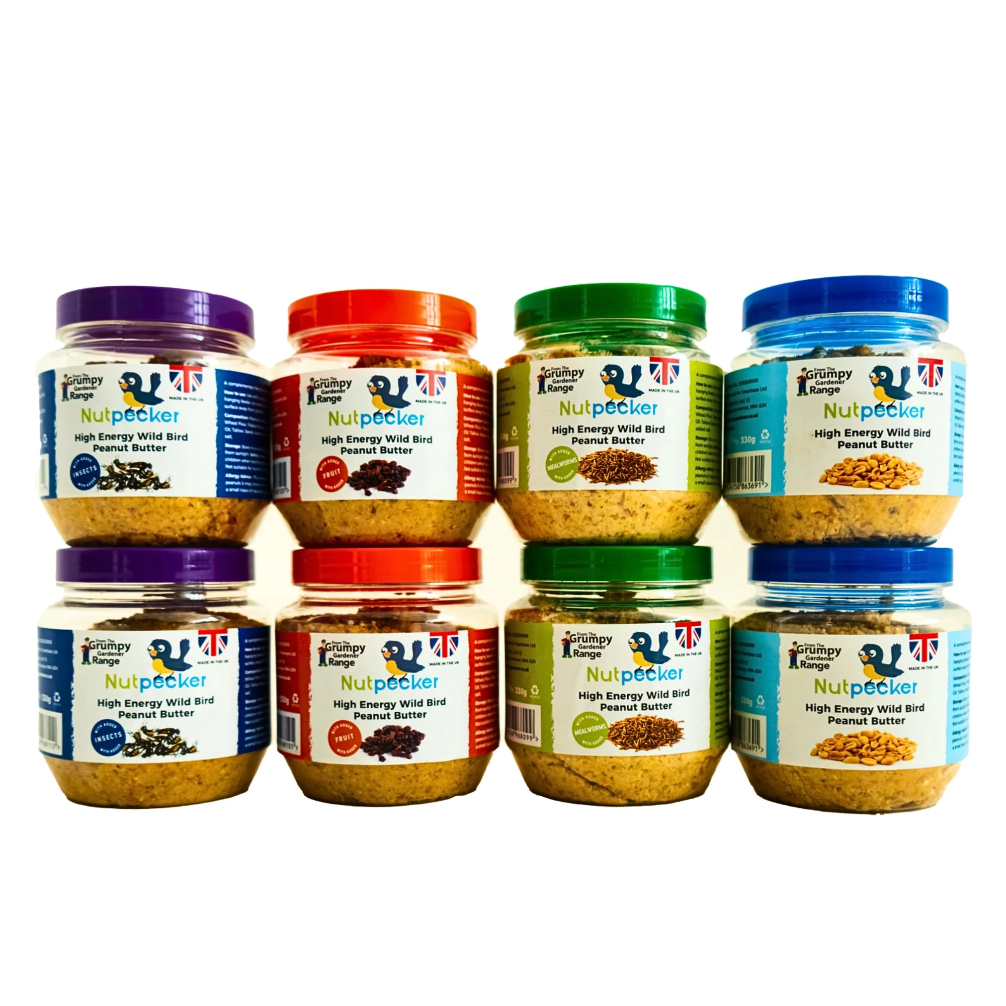 Grumpy Gardener NutPecker Peanut Butter Bird Food for Wild Birds - Mixed Variety Suet Bird Feeding Nourishment, High-Energy Made in the UK Wild Bird Food | Variety Flavors 8 x 330g each