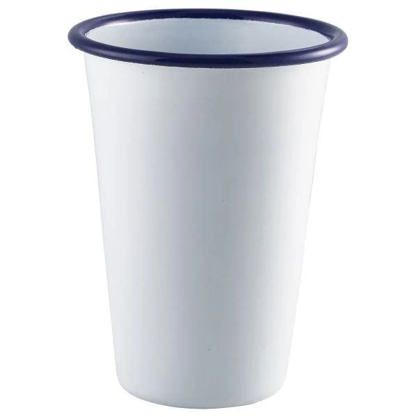 Enamel Tall Tumbler White with Blue Rim 14oz / 400ml - Pack of 12