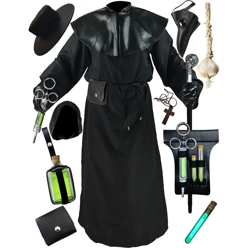 Absolute Vibe Plague Doctor Halloween Medieval Monk Priest Renaissance Cosplay Cloak Robe Costume - Black - Large