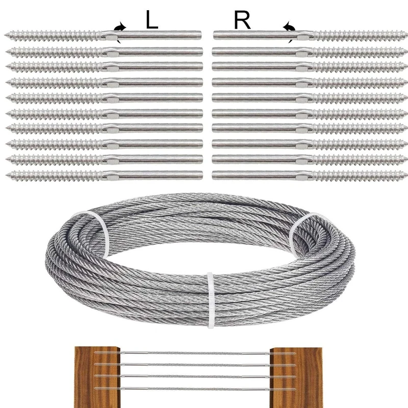 TooTaci T316 Stainless Steel Wire Rope, 3mm Wire Balustrade Kit, Cable Railing Kit Include 30M/ 3mm Steel Cable 7×7 Strands Uncoated, 20 pcs Tensioner Swage Lag Screws for Deck, Fence