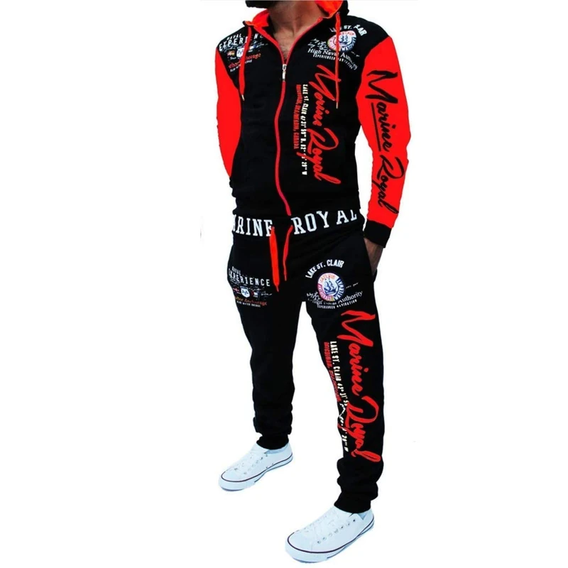 HHGKED Men 's Casual Tracksuit Hooded Full Zip Elastic Waistband Sweatsuit Set, Red, Medium - Image 1
