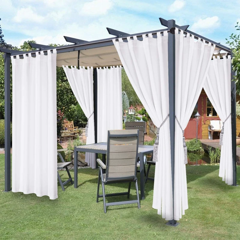 LORDTEX Waterproof Indoor/Outdoor Curtains for Patio - Thermal Insulated, Sun Blocking Detachable Sticky Tab Top Blackout Curtains for Bedroom, Porch, Pergola, Cabana, 52 x 84 inch, 2 Panels, White