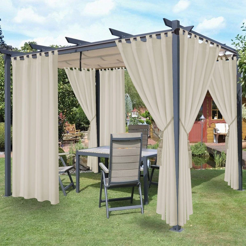 LORDTEX Waterproof Indoor/Outdoor Curtains for Patio - Thermal Insulated, Sun Blocking Detachable Sticky Tab Top Blackout Curtains for Bedroom, Porch, Cabana, 52 x 95 inch, 2 Panels, Vanilla