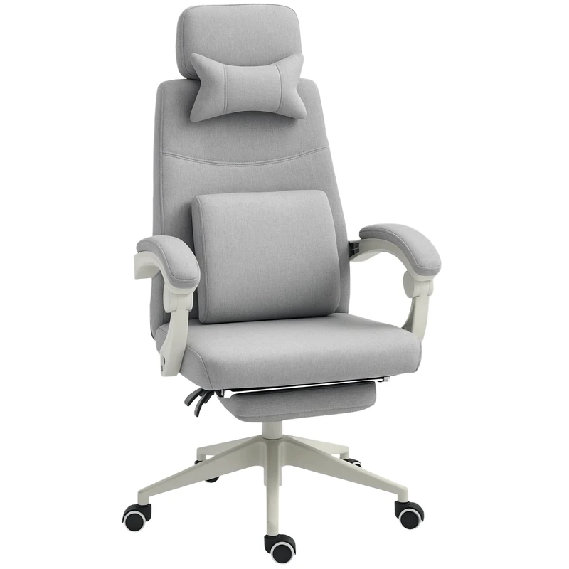 Vinsetto Office Chair, Ergonomic Desk Chair, High Back Fabric Work Chair with 160° Reclining Backrest, Retractable Footrest, Neck and Lumbar Pillow for Home and Study, Grey