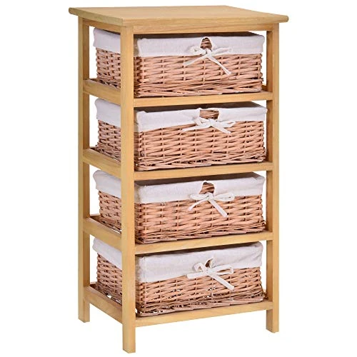 HOMCOM 4 Drawer Dresser Wicker Basket Storage Shelf Unit Wooden Frame Home Organisation Cabinet Bedroom Office Furniture Natural Finish - Image 1
