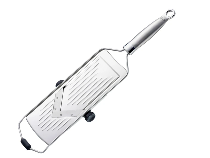 RÖSLE V-Blade Slicer, High Quality V-Slicer for Vegetables such as Cucumbers or Tomatoes, 5 Cutting Strengths, with Silicone Base, 18/10 Stainless Steel, Includes Vegetable Holder and Protective Cover - Image 1