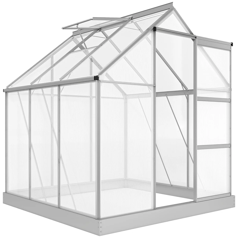 Outsunny 6 x 6ft Polycarbonate Greenhouse, Walk-In Greenhouse with Sliding Door, Adjustable Window, Aluminium Frame and Foundation, Garden Grow House with Rain Gutter, Silver